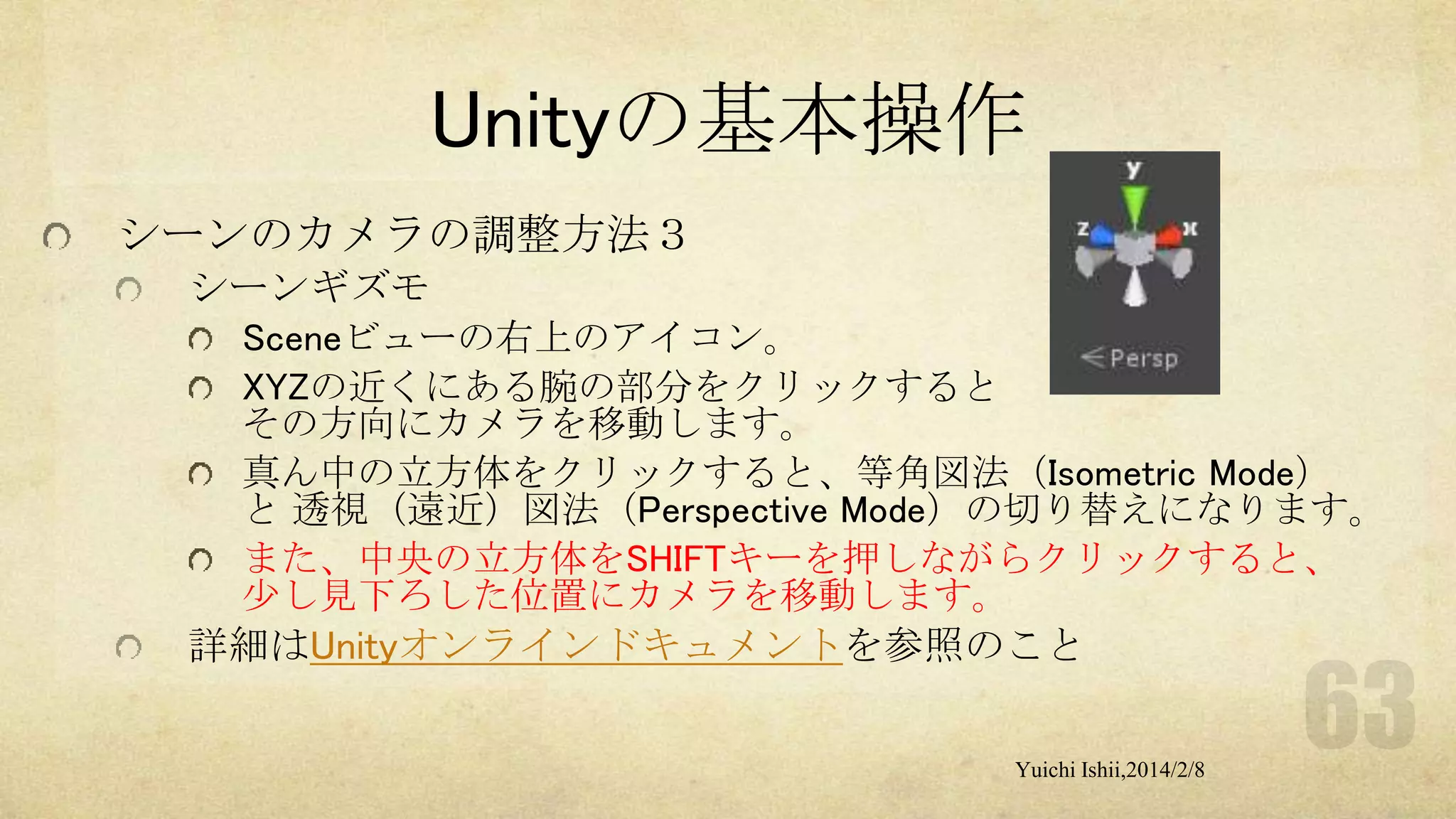 Unityの基本操作
シーンのカメラの調整方法３
シーンギズモ
Sceneビューの右上のアイコン。
XYZの近くにある腕の部分をクリックすると
その方向にカメラを移動します。
真ん中の立方体をクリックすると、等角図法（Isometric Mode）
と 透視（遠近）図法（Perspective Mode）の切り替えになります。
また、中央の立方体をSHIFTキーを押しながらクリックすると、
少し見下ろした位置にカメラを移動します。

詳細はUnityオンラインドキュメントを参照のこと
Yuichi Ishii,2014/2/8

 