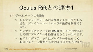 Oculus Riftとの連携1
ゲームパッドの制御1
もしプラットフォームの互換コントローラがある
場合、プレイヤーコントローラの動作を制御でき
ます。
左アナログスティックは WASD キーを使用するの
と同様にプレイヤーを動作させることが出来ます。
右アナログスティックはプレイヤーを左右に Q
および E キーを使用するかのように回転させます。
引用: http://gamesonytablet.blogspot.jp/2013/08/oculus-rift.html

Yuichi Ishii,2014/2/8

 