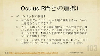 Oculus Riftとの連携1
ゲームパッドの制御2
左のトリガーにより、もっと速く移動するか、シーン
上を走ることができます。
スタートボタンにより画面選択をトグルできます。Dパッドの上下を押すことで、利用可能なシーンをスク
ロールします。A ボタンを押すことで現在選択された
シーンを開始します。
もしシーン選択がトグルされない場合、D-パッドの下
を押すことでトラッカーの向きをリセットします。

引用: http://gamesonytablet.blogspot.jp/2013/08/oculus-rift.html

Yuichi Ishii,2014/2/8

 