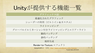 Unityが提供する機能一覧
グラフィックス(2)
最適化されたグラフィック
シェーダーの利用（ビルトイン＆カスタム）
ライトマッピング
グローバルイルミネーション付きライトマッピングとエリア・ライト
動的バッチング
静的パッチング
地形生成
Render-to-Texture エフェクト
Unity4.3.4時点

引用：http://japan.unity3d.com/unity/licenses
Yuichi Ishii,2014/2/8

 