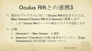 Oculus Riftとの連携3
既存のプログラムに対してOculus Rift対応を行うには、
Main CameraをOculus Rift対応Cameraに置換します
これでOculus Riftのヘッドの動きにカメラが追従します

手順
1.
2.

Hierarchyの「Main Camera」を選択
InspectorのTransformの右側の歯車をクリックし、[Copy
Component]を実行(位置と向きをコピー)
Yuichi Ishii,2014/2/8

 