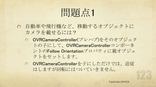 問題点1
自動車や飛行機など、移動するオブジェクトに
カメラを載せるには？
OVRCameraController(プレハブ)をそのオブジェク
トの子にして、OVRCameraControllerコンポーネ
ントのFollow Orientationプロパティに親オブジェ
クトをセットします。
OVRCameraControllerを子にしただけでは、追従
はしますが回転にはついていきません。
Yuichi Ishii,2014/2/8

 
