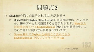 問題点3
Skyboxがずれて表示されることがある？
Unity標準のSkyboxはOculus Riftの立体視に対応していませ
ん。3Dモデルとして設置する必要があります。Noraさん
が公開されているSkyboxMesh.csを使うのが簡単です。こ
ちらで詳しい使い方が紹介されています。
Oculus Rift で Skybox を破綻なく表示できる
SkyboxMesh.cs を試してみた - 凹みTips

Yuichi Ishii,2014/2/8

 