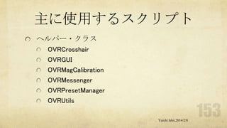 主に使用するスクリプト
ヘルパー・クラス
OVRCrosshair
OVRGUI
OVRMagCalibration
OVRMessenger
OVRPresetManager
OVRUtils
Yuichi Ishii,2014/2/8

 