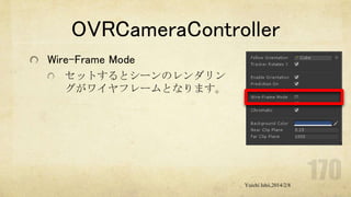 OVRCameraController
Wire-Frame Mode
セットするとシーンのレンダリン
グがワイヤフレームとなります。

Yuichi Ishii,2014/2/8

 