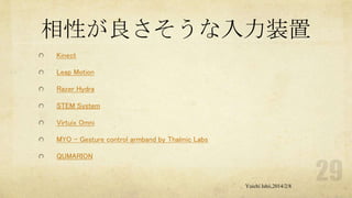 相性が良さそうな入力装置
Kinect
Leap Motion
Razer Hydra
STEM System

Virtuix Omni
MYO - Gesture control armband by Thalmic Labs
QUMARION

Yuichi Ishii,2014/2/8

 