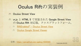 Oculus Riftの実装例
Oculus Street View
vr.js と HTML 5 で実装された Google Street View
の Oculus Rift 対応版。クロスプラットフォーム。
RiftEnabled™ – Oculus Street View
Oculus Google Street Viewer

引用：https://gist.github.com/japboy/5545565

Yuichi Ishii,2014/2/8

 