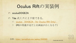 Oculus Riftの実装例
oculusDOGEZA
Tda 式ミクに土下座できる。
oculus DOGEZA（for Oculus Rift Only）
(PCの性能不足だと右画面が白くなる？)

引用：https://gist.github.com/japboy/5545565

Yuichi Ishii,2014/2/8

 