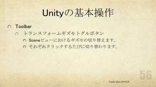 Unityの基本操作
Toolbar
トランスフォームギズモトグルボタン
Sceneビューにおけるギズモの切り替えます。
それぞれクリックするたびに切り替わります。

Yuichi Ishii,2014/2/8

 