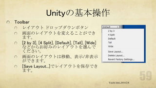 Unityの基本操作
Toolbar
レイアウト ドロップダウンボタン
画面のレイアウトを変えることができ
ます。
[2 by 3], [4 Split], [Default], [Tall], [Wide]
などからお好みのレイアウトを選んで
ください。
画面のレイアウトは移動、表示/非表示
ができます。
[Save Layout...]でレイアウトを保存でき
ます。
Yuichi Ishii,2014/2/8

 