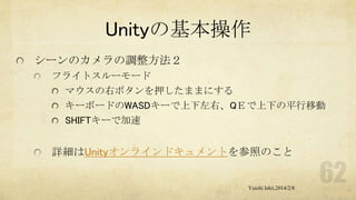 Unityの基本操作
シーンのカメラの調整方法２
フライトスルーモード
マウスの右ボタンを押したままにする
キーボードのWASDキーで上下左右、QＥで上下の平行移動
SHIFTキーで加速

詳細はUnityオンラインドキュメントを参照のこと

Yuichi Ishii,2014/2/8

 