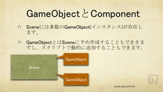 GameObjectとComponent
Sceneには多数のGameObject(インスタンス)が存在し
ます。
GameObjectとはSceneに予め作成することもでききま
すし、スクリプトで動的に追加することもできます。
GameObject
Scene
GameObject
Yuichi Ishii,2014/2/8

 