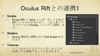 Oculus Riftとの連携1
Scripts
Oculut Rift と Unity コンポーネントを結ぶ
C# ファイルが含まれます。これら多くの
スクリプトは Prefabs フォルダと連携しま
す。

Shaders
Oculus Rift用に調整されたGUI Shaderを含
みます。

Textures
いくつかのスクリプトコンポーネントが
必要とする画像アセットが含まれます。

Yuichi Ishii,2014/2/8

 