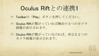 Oculus Riftとの連携1
Toolbarの「Play」ボタンを押してください。
Oculus Riftが繋がっていれば樽状の２つのカメラ
画像が表示されます。

Oculus Riftが繋がっていなければ、単なる２つの
カメラ画像が表示されます。

Yuichi Ishii,2014/2/8

 
