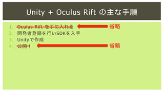 Unity + Oculus Rift の主な手順
1. 
2. 
3. 
4. 

Oculus Rift を手に入れる
開発者登録を行いSDKを入手
Unityで作成
公開！

省略

省略

 