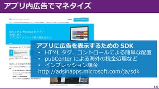 • HTML タグ、コントロールによる簡単な配置
• pubCenter による海外の税金処理など
• インプレッション課金
http://adsinapps.microsoft.com/ja/sdk
14

 