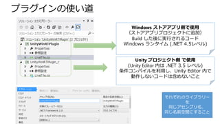 プラグインの使い道
Windows ストアアプリ側で使用
（ストアアプリプロジェクトに追加）
Build した後に実行されるコード
Windows ランタイム (.NET 4.5レベル)
Unity プロジェクト側 で使用
(Unity Editor 内は .NET 3.5 レベル)
条件コンパイルを利用し、Unity Editor 内で
動作しないコードは含めないこと

それぞれのライブラリー
を
同じアセンブリ名、
同じ名前空間にすること

 