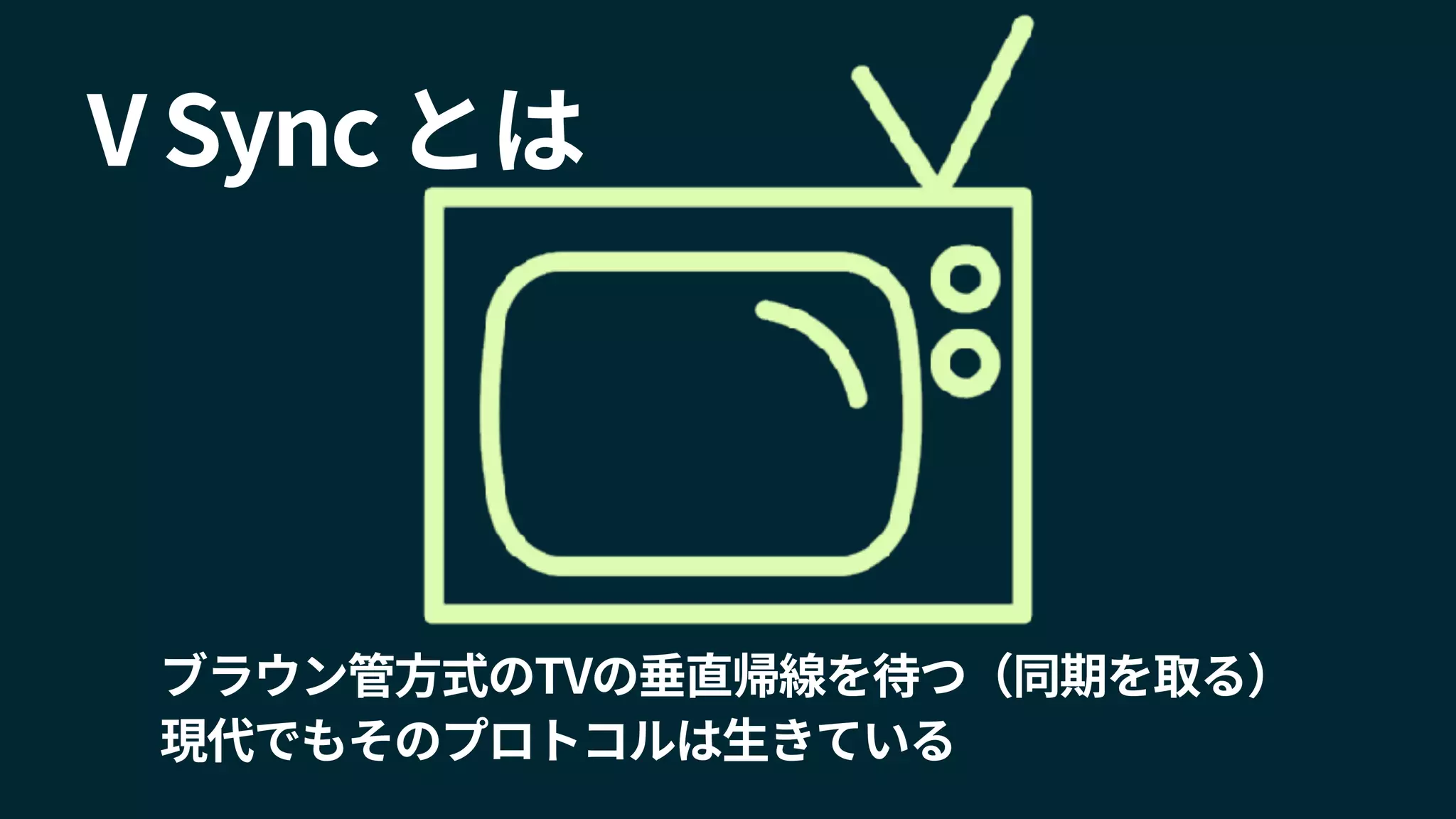 V Sync とは
ブラウン管方式のTVの垂直帰線を待つ（同期を取る）
現代でもそのプロトコルは生きている
 