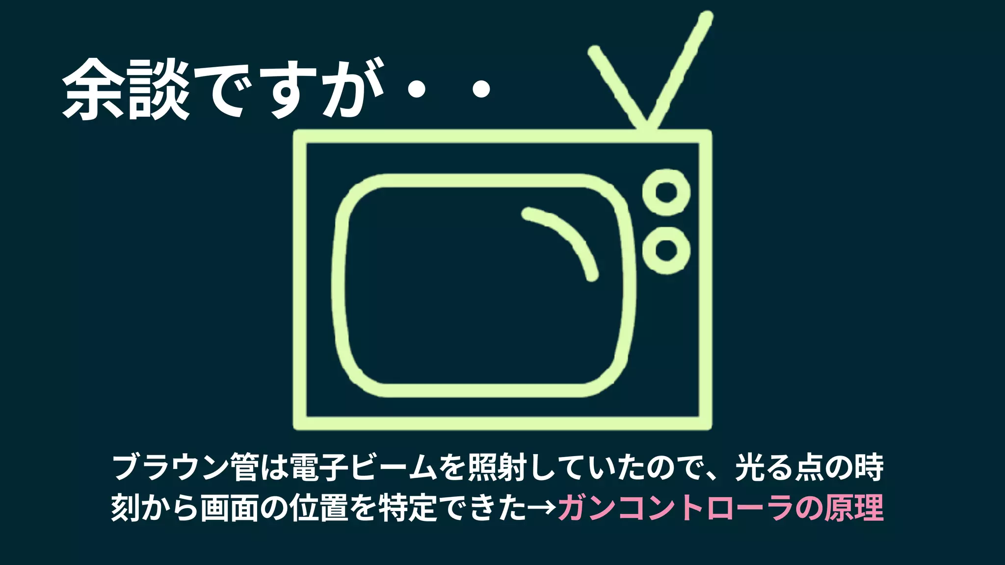余談ですが・・
ブラウン管は電子ビームを照射していたので、光る点の時
刻から画面の位置を特定できた→ガンコントローラの原理
 