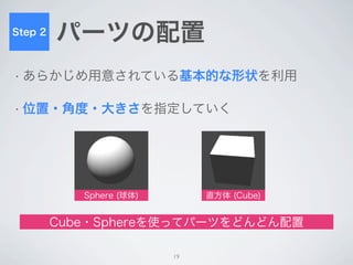 Step 3
         カメラと光源の設定

• なんだか暗い


• アングルもよくない




          カメラ（プレイヤーの視点）の移動

         Directional Light（線光源）の配置


                     19
 