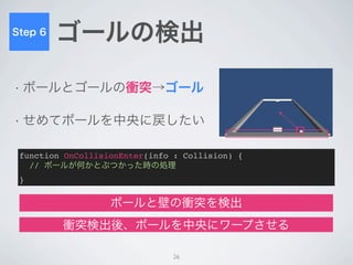 Step 6
         Web用に書き出す
• ２通りの出力方法


• どちらもブラウザにプラグインが必要




          Unity        Flash



                  26
 