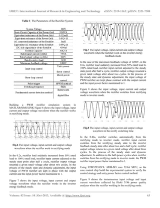 IJRET: International Journal of Research in Engineering and Technology eISSN: 2319-1163 | pISSN: 2321-7308
__________________________________________________________________________________________
Volume: 02 Issue: 10 | Oct-2013, Available @ http://www.ijret.org 63
Table 1: The Parameters of the Rectifier System
Building a PWM rectifier simulation system in
MATLAB/SIMULINK Figure 6 shows the input voltage, input
current and output voltage waveform when the rectifier works
in rectifying mode.
1
Ua
Ia
Vdc0.5
0
-0.5
-1
0.1 0.12 0.14 0.16 0.18 0.2 0.22 0.24 0.26 0.28 0.3
Fig.6 The input voltage, input current and output voltage
waveform when the rectifier work in rectifying mode
In the 0.2s, rectifier load suddenly increased from 50% rated
load to 100% rated load, rectifier input current adjusted to the
steady state point after half a cycle, rectifier output voltage
resumed a given rated voltage after about two cycles. In the
process of the steady state and dynamic adjustment, the input
voltage of PWM rectifier are kept in phase with the output
current and the input power factor maintained to 1.
Figure 7 shows the input voltage, input current and output
voltage waveform when the rectifier works in the inverter
energy feedback mode.
Fig.7 The input voltage, input current and output voltage
waveform when the rectifier work in the inverter energy
feedback mode
In the case of the maximum feedback voltage of 1280V, in the
0.4s, rectifier load suddenly increased from 50% rated load to
100% rated load, rectifier input current adjusted to the steady
state point after half a cycle, rectifier output voltage resumed a
given rated voltage after about two cycles. In the process of
the steady state and dynamic adjustment, the input voltage of
PWM rectifier are kept phase contrast with the output current
and the input power factor maintained to 1.
Figure 8 shows the input voltage, input current and output
voltage waveform when the rectifier switches from rectifying
mode to inverter mode.
Fig.8 The input voltage, input current and output voltage
waveform in the rectify switching time
In the 0.46s, rectifier switches automatically from the
rectifying mode to inverter mode, rectifier input current
switches from the rectifying steady state to the inverter
feedback steady state after about two and a half cycle, rectifier
output voltage returns to a given rated voltage after about three
cycles. In the process of the steady state and dynamic
adjustment, In addition to the half-power cycles when rectifier
switches from the rectifying mode to inverter mode, the PWM
rectifier input power factor maintained to 1.
Using STM32F103C8, ARM-M3 core 32-bit MCU, as the
core control chip build the experimental system to verify the
control strategy and unity power factor control method.
Figure 9 shows the instantaneous input voltage and input
current waveform collected by Hioki 3196 power quality
analyzer when the rectifier working in the rectifying mode.
 