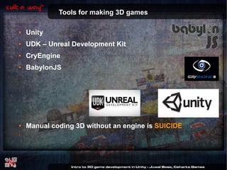 Tools for making 3D games
●

Unity

●

UDK – Unreal Development Kit

●

CryEngine

●

BabylonJS

●

Manual coding 3D without an engine is SUICIDE

 