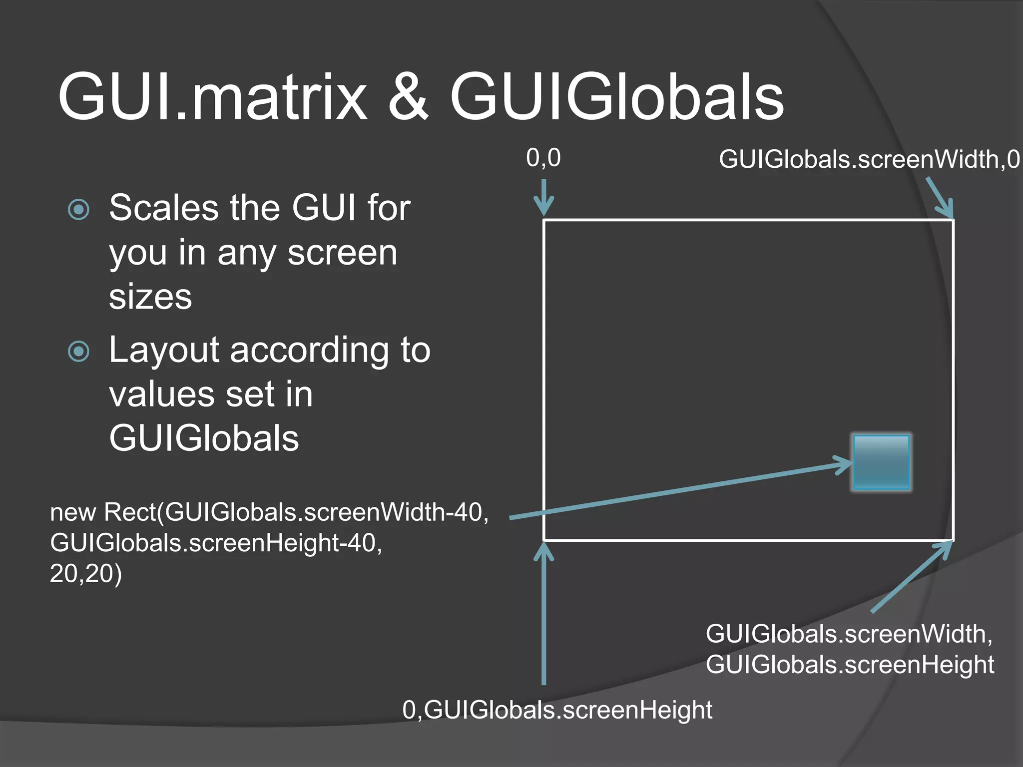 GUI.matrix & GUIGlobals
                                      0,0               GUIGlobals.screenWidth,0

    Scales the GUI for
     you in any screen
     sizes
    Layout according to
     values set in
     GUIGlobals
new Rect(GUIGlobals.screenWidth-40,
GUIGlobals.screenHeight-40,
20,20)

                                                    GUIGlobals.screenWidth,
                                                    GUIGlobals.screenHeight
                            0,GUIGlobals.screenHeight
 