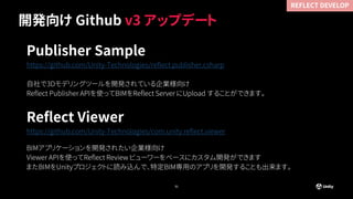 開発向け Github v3 アップデート
Publisher Sample
https://github.com/Unity-Technologies/reflect.publisher.csharp
自社で3Dモデリングツールを開発されている企業様向け
Reflect Publisher APIを使ってBIMをReflect Server にUpload することができます。
Reflect Viewer
https://github.com/Unity-Technologies/com.unity.reflect.viewer
BIMアプリケーションを開発されたい企業様向け
Viewer APIを使ってReflect Review ビューワーをベースにカスタム開発ができます
またBIMをUnityプロジェクトに読み込んで、特定BIM専用のアプリを開発することも出来ます。
31
REFLECT DEVELOP
 