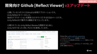 開発向け Github [Reflect Viewer] v3 アップデート
公開している リポジトリ（Github）は参照アプリケーションです。
Unity Reflect をベースとした、
独自のアプリケーションを開発（カスタマイズ）する方法のベースです。
Unity Reflectので動作する機能が全て入っています。
公開されている、Unity Reflect Review を開発するために、
Unity 社内でまったく同じプロセスを使用しています。
32
Clone the public github repository
※このリポジトリは Git LFS を使用しています。
すべてのファイルを取得するために Git LFS を導入してクロ
ーンしてください。
Githubの「Download Zip」を行うと、データが不足し、UIが
正常に描画されません。
REFLECT DEVELOP
 