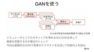 GANを使う
からあげ先生のAI自作教室 P.198より引用
シミュレータとリアルのギャップを埋めるのにGANを使って
画像を変換するのが最近のトレンド
今回は基礎的なGANで背景のテクスチャを生成して性能向上を図る
 