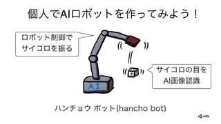 個人でAIロボットを作ってみよう！
ハンチョウ ボット(hancho bot)
サイコロの目を
AI画像認識
ロボット制御で
サイコロを振る
 