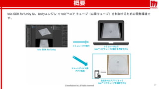 概要
toio SDK for Unity は、Unityエンジン で toio™コア キューブ（以降キューブ）を制御するための開発環境で
す。
27
 