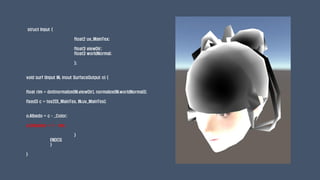 struct Input {
float2 uv_MainTex;
float3 viewDir;
float3 worldNormal;
};
void surf (Input IN, inout SurfaceOutput o) {
float rim = dot(normalize(IN.viewDir), normalize(IN.worldNormal));
fixed3 c = tex2D(_MainTex, IN.uv_MainTex);
o.Albedo = c * _Color;
o.Emission = 1 - rim;
}
ENDCG
}
}
 