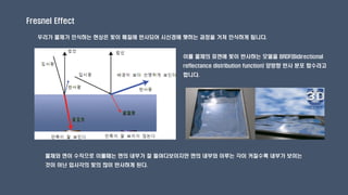 Fresnel Effect
우리가 물체가 인식하는 현상은 빛이 매질에 반사되어 시신경에 맺히는 과정을 거쳐 인식하게 됩니다.
이를 물체의 표면에 빛이 반사하는 모델을 BRDF(Bidirectional
reflectance distribution function) 양방향 반사 분포 함수라고
합니다.
물체와 면이 수직으로 이룰때는 면의 내부가 잘 들여다보이지만 면의 내부와 이루는 각이 커질수록 내부가 보이는
것이 아닌 입사각의 빛의 많이 반사하게 된다.
 