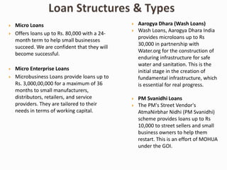  Micro Loans
 Offers loans up to Rs. 80,000 with a 24-
month term to help small businesses
succeed. We are confident that they will
become successful.
 Micro Enterprise Loans
 Microbusiness Loans provide loans up to
Rs. 3,000,00,000 for a maximum of 36
months to small manufacturers,
distributors, retailers, and service
providers. They are tailored to their
needs in terms of working capital.
 Aarogya Dhara (Wash Loans)
 Wash Loans, Aarogya Dhara India
provides microloans up to Rs
30,000 in partnership with
Water.org for the construction of
enduring infrastructure for safe
water and sanitation. This is the
initial stage in the creation of
fundamental infrastructure, which
is essential for real progress.
 PM Svanidhi Loans
 The PM's Street Vendor's
AtmaNirbhar Nidhi (PM Svanidhi)
scheme provides loans up to Rs
10,000 to street sellers and small
business owners to help them
restart. This is an effort of MOHUA
under the GOI.
 