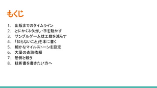 もくじ
1. 出版までのタイムライン
2. とにかくネタ出し・手を動かす
3. サンプルゲームは工数を減らす
4. 「知らないこと」を本に書く
5. 細かなマイルストーンを設定
6. 大量の査読依頼
7. 恐怖と戦う
8. 技術書を書きたい方へ
 