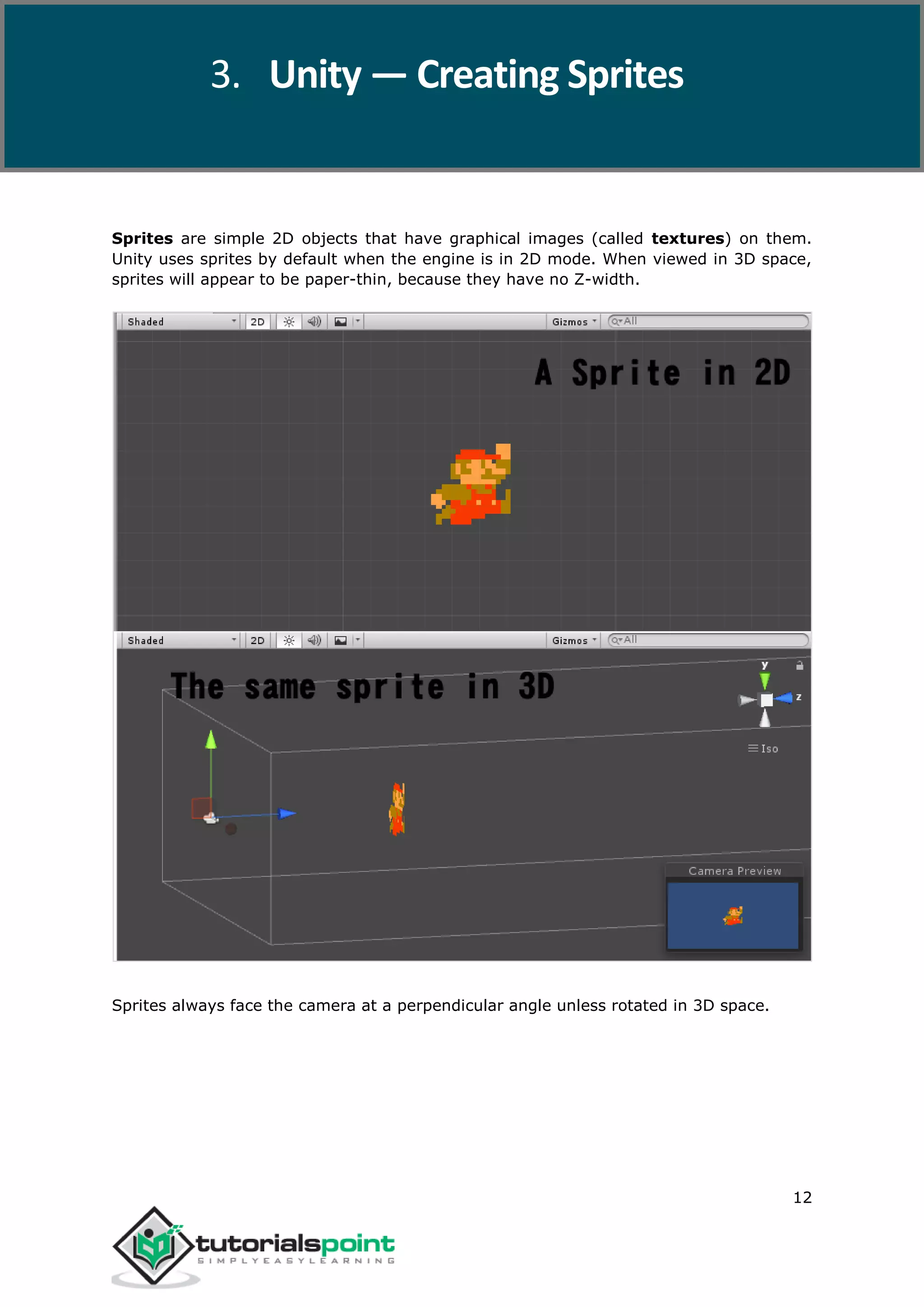 Unity 12 Sprites are simple 2D objects that have graphical images (called textures) on them. Unity uses sprites by default when the engine is in 2D mode. When viewed in 3D space, sprites will appear to be paper-thin, because they have no Z-width. Sprites always face the camera at a perpendicular angle unless rotated in 3D space. 3. Unity — Creating Sprites 