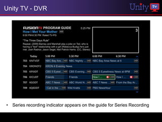 Unity TV - DVR




• Series recording indicator appears on the guide for Series Recording
 