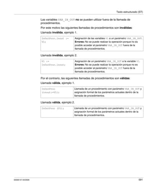 Texto estructurado (ST)
35006147 04/2009 591
Las variables VAR_IN_OUT no se pueden utilizar fuera de la llamada de
procedimientos.
Por este motivo las siguientes llamadas de procedimientos son inválidas:
Llamada inválida, ejemplo 1.
Llamada inválida, ejemplo 2.
Por el contrario, las siguientes llamadas de procedimientos son válidas:
Llamada válida, ejemplo 1.
Llamada válida, ejemplo 2.
InOutProc.inout :=
V1;
Asignación de las variables V1 a un parámetro VAR_IN_OUT.
Errores: No se puede realizar la operación porque no es
posible acceder al parámetro VAR_IN_OUT fuera de la
llamada de procedimientos.
V1 :=
InOutProc.inout;
Asignación de un parámetro VAR_IN_OUT a la variable V1.
Errores: No se puede realizar la operación porque no es
posible acceder al parámetro VAR_IN_OUT fuera de la
llamada de procedimientos.
InOutProc
(inout:=V1);
Llamada de un procedimiento con parámetro VAR_IN_OUT y
asignación formal de los parámetros actuales dentro de la
llamada de procedimientos.
InOutProc (V1); Llamada de un procedimiento con parámetro VAR_IN_OUT y
asignación formal de los parámetros actuales dentro de la
llamada de procedimientos.
 