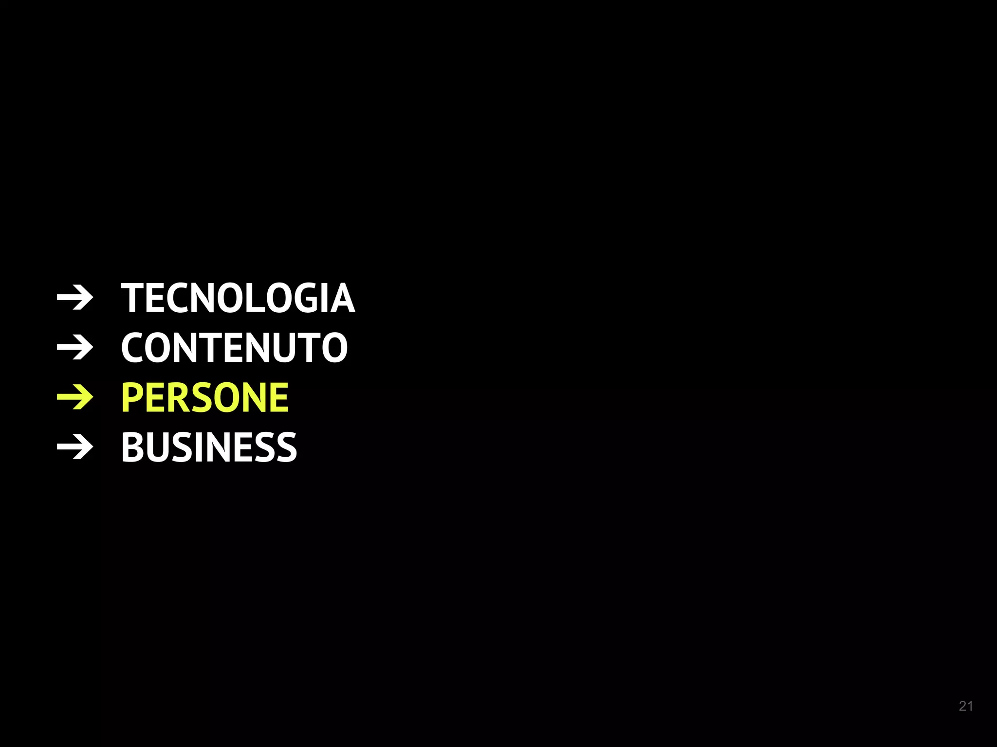 21
➔ TECNOLOGIA
➔ CONTENUTO
➔ PERSONE
➔ BUSINESS