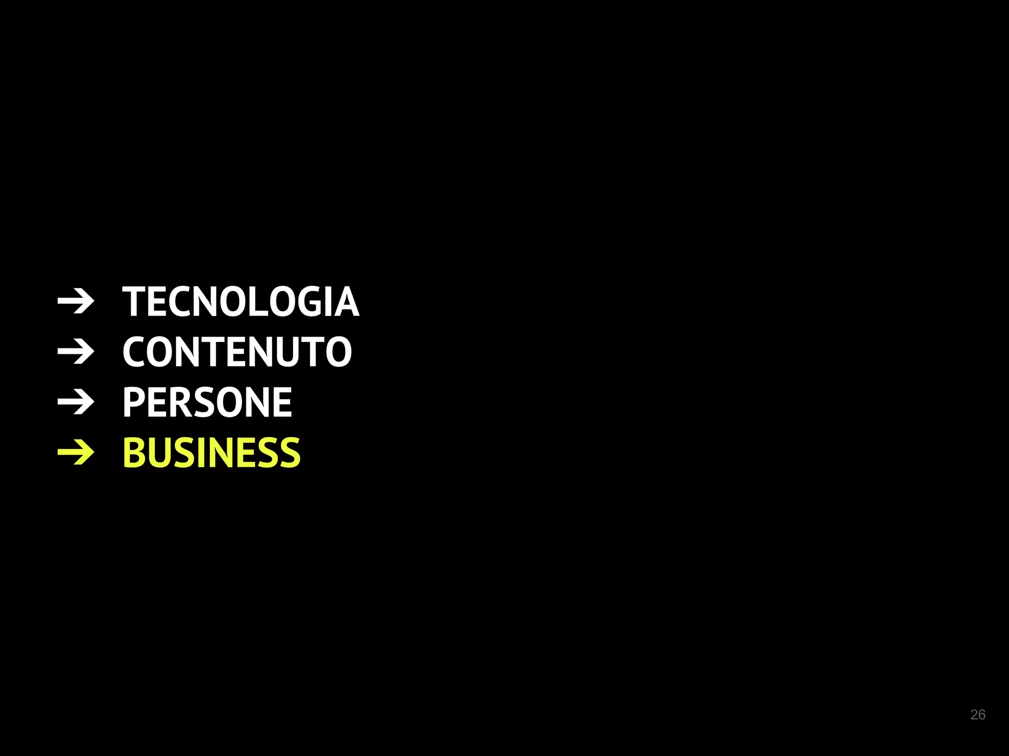 26
➔ TECNOLOGIA
➔ CONTENUTO
➔ PERSONE
➔ BUSINESS