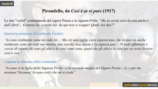 Pirandello, da Così è se vi pare (1917)
Le due “verità” contrapposte del signor Ponza e la signora Frola: “Ma la verità sarà da una parte o
dall’altra!... O pazza lei, o pazzo lui: da qui non si scappa! Quale dei due?”
Questa la premessa di Lamberto Laudisi:
“Io sono realmente come mi vede lei. – Ma ciò non toglie, cara signora mia, che io non sia anche
realmente come mi vede suo marito, mia sorella, mia nipote e la signora qua – Vi vedo affannati a
cercar di sapere chi sono gli altri e le cose come sono, quasi che gli altri e le cose per se stessi fossero
così o così”
e questa la chiusura della commedia:
“Io sono sì la figlia della Signora Frola – e la seconda moglie del Signor Ponza – sì; e per me
nessuna! Nessuna! Io sono colei che mi si crede”.
Uniurb4HS
gianitalobischi giovannidarconza
 