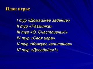 План игры: I  тур «Домашнее задание» II  тур «Разминка» III  тур «О, Счастливчик!» IV  тур «Своя игра» V  тур «Конкурс капитанов» VI  тур «Догадайся?» 
