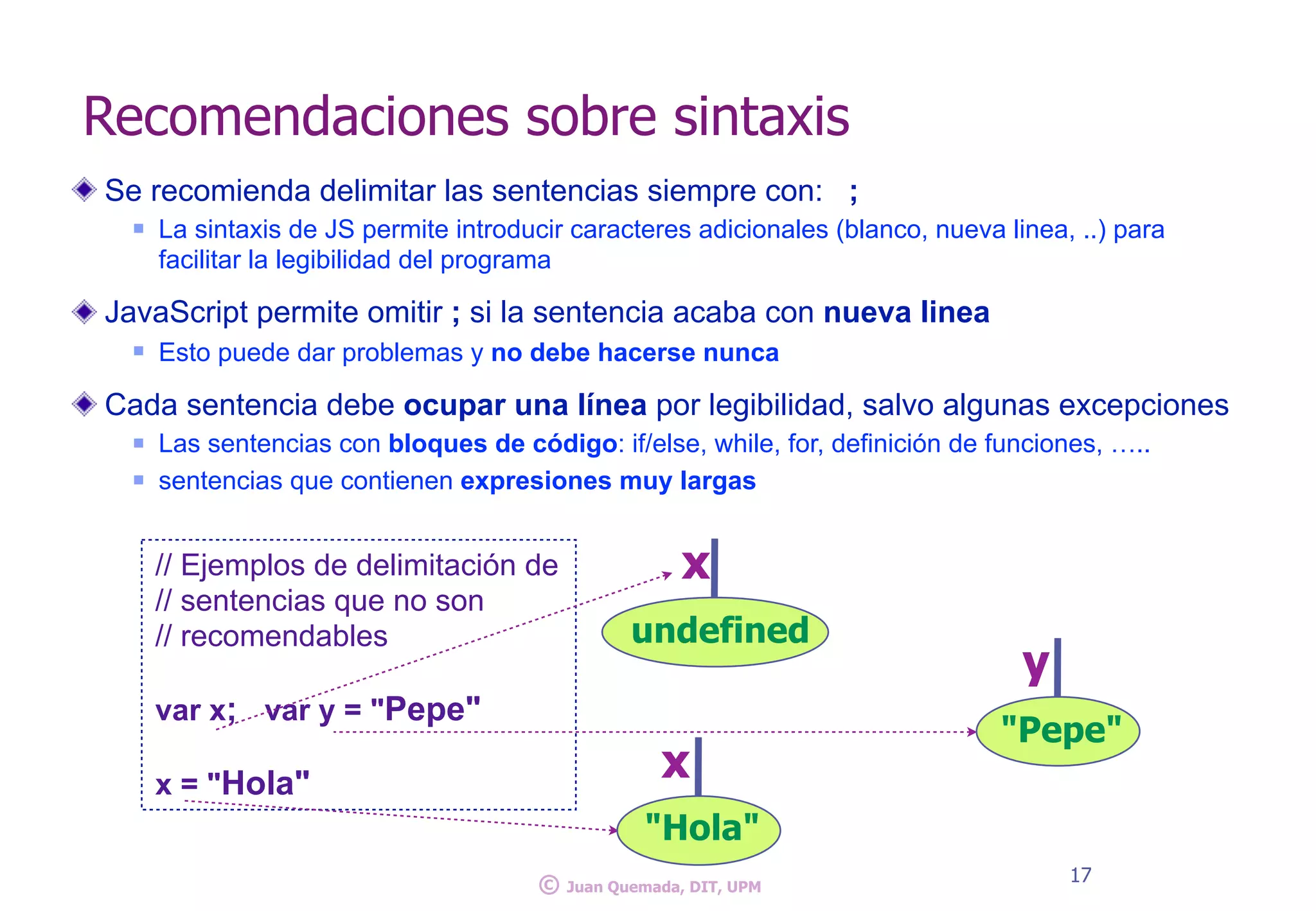 Se recomienda delimitar las sentencias siempre con: ;
n La sintaxis de JS permite introducir caracteres adicionales (blanco, nueva linea, ..) para
facilitar la legibilidad del programa
JavaScript permite omitir ; si la sentencia acaba con nueva linea
n Esto puede dar problemas y no debe hacerse nunca
Cada sentencia debe ocupar una línea por legibilidad, salvo algunas excepciones
n Las sentencias con bloques de código: if/else, while, for, definición de funciones, …..
n sentencias que contienen expresiones muy largas
17
© Juan Quemada, DIT, UPM
Recomendaciones sobre sintaxis
// Ejemplos de delimitación de
// sentencias que no son
// recomendables
var x; var y = "Pepe"
x = "Hola"
undefined
x
"Hola"
x
"Pepe"
y
 