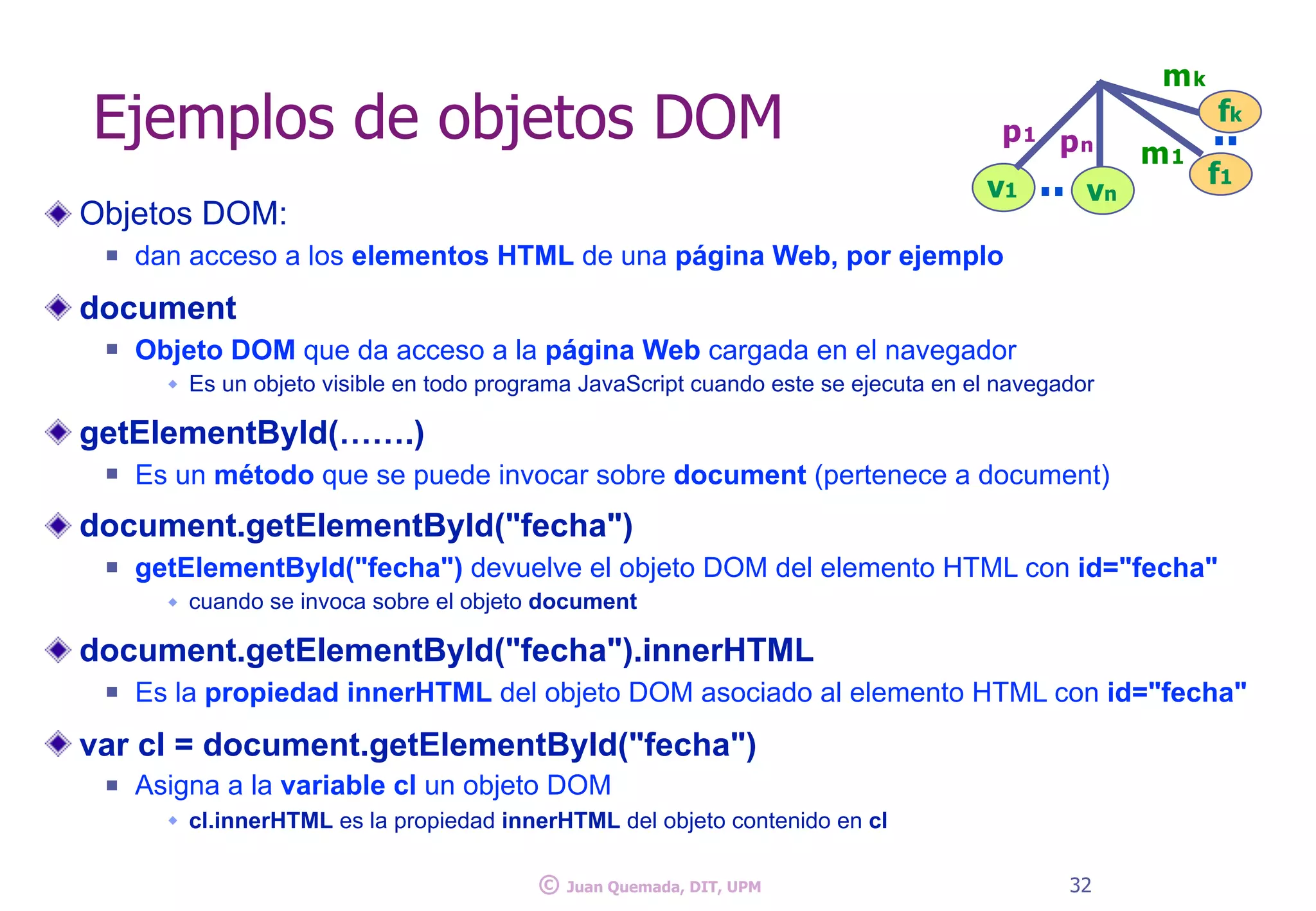 Ejemplos de objetos DOM
32
Objetos DOM:
n dan acceso a los elementos HTML de una página Web, por ejemplo
document
n Objeto DOM que da acceso a la página Web cargada en el navegador
w Es un objeto visible en todo programa JavaScript cuando este se ejecuta en el navegador
getElementById(…….)
n Es un método que se puede invocar sobre document (pertenece a document)
document.getElementById("fecha")
n getElementById("fecha") devuelve el objeto DOM del elemento HTML con id="fecha"
w cuando se invoca sobre el objeto document
document.getElementById("fecha").innerHTML
n Es la propiedad innerHTML del objeto DOM asociado al elemento HTML con id="fecha"
var cl = document.getElementById("fecha")
n Asigna a la variable cl un objeto DOM
w cl.innerHTML es la propiedad innerHTML del objeto contenido en cl
pn
mk
v1
p1
vn..
..fk
m1
f1
© Juan Quemada, DIT, UPM
 