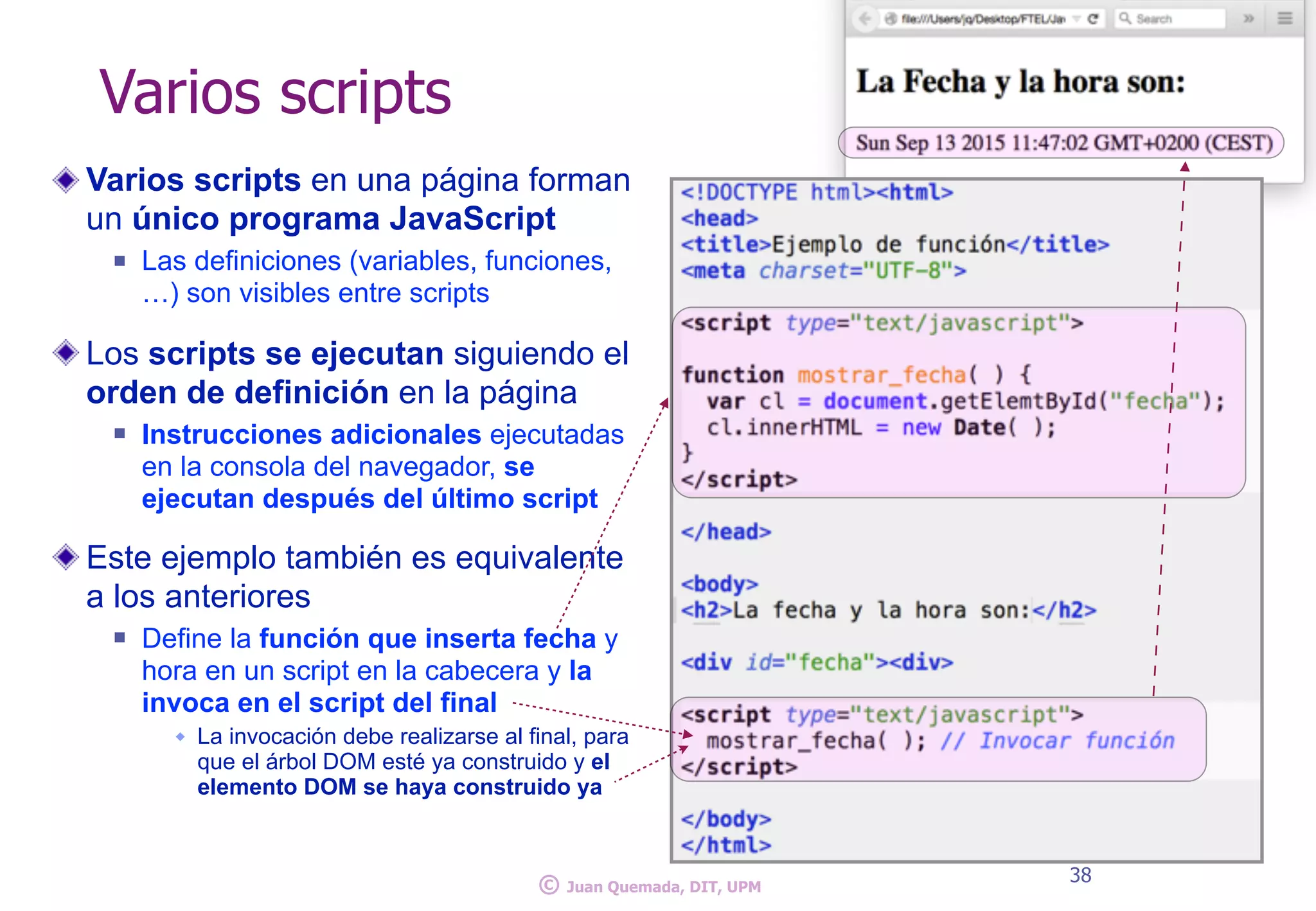 Varios scripts en una página forman
un único programa JavaScript
n Las definiciones (variables, funciones,
…) son visibles entre scripts
Los scripts se ejecutan siguiendo el
orden de definición en la página
n Instrucciones adicionales ejecutadas
en la consola del navegador, se
ejecutan después del último script
Este ejemplo también es equivalente
a los anteriores
n Define la función que inserta fecha y
hora en un script en la cabecera y la
invoca en el script del final
w La invocación debe realizarse al final, para
que el árbol DOM esté ya construido y el
elemento DOM se haya construido ya
Varios scripts
38
© Juan Quemada, DIT, UPM
 
