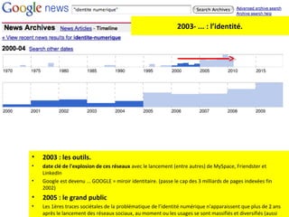 2003- ... : l’identité.

•

2003 : les outils.

•

date clé de l'explosion de ces réseaux avec le lancement (entre autres) de MySpace, Friendster et
LinkedIn
Google est devenu ... GOOGLE = miroir identitaire. (passe le cap des 3 milliards de pages indexées fin
2002)

•

•

2005 : le grand public

•

Les 1ères traces sociétales de la problématique de l’identité numérique n’apparaissent que plus de 2 ans
5
après le lancement des réseaux sociaux, au moment ou les usages se sont massifiés et diversifiés (aussi

 