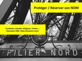 Protéger / Réserver son NOM

Facebook, LinkedIn, MySpace, Twitter ...
Equivalent DNS http://knowem.com/

82

 