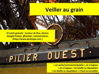 Veiller au grain

Cf outils gratuits : Lecteur de flux, alertes
Google/Yahoo, @twitter, commentaires
(http://www.backtype.com )

+ on parle/commente/publie + on s’expose
+ on s’expose + on étoffe sa réputation
84
+ on étoffe sa réputation + il faut la surveiller

 